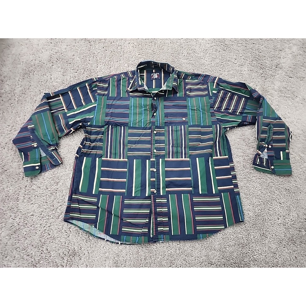 Salty Dog Button Up Shirt Mens L Green Geometric Patchwork 90s Imperial Poplin